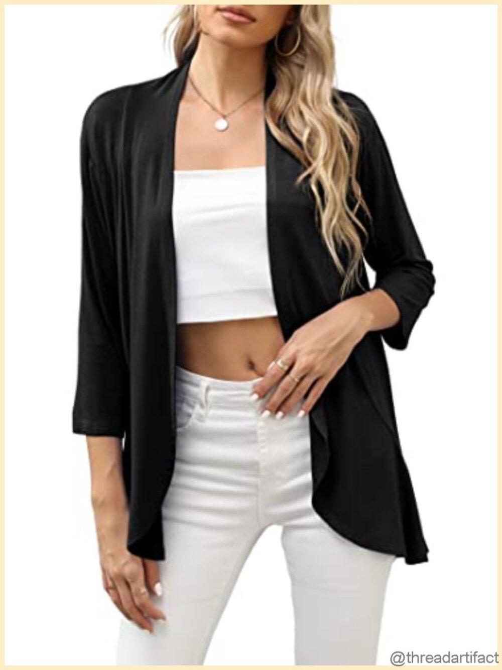 Lightweight Open Front Cardigan Soft Draped Ruffles 3/4 Sleeve